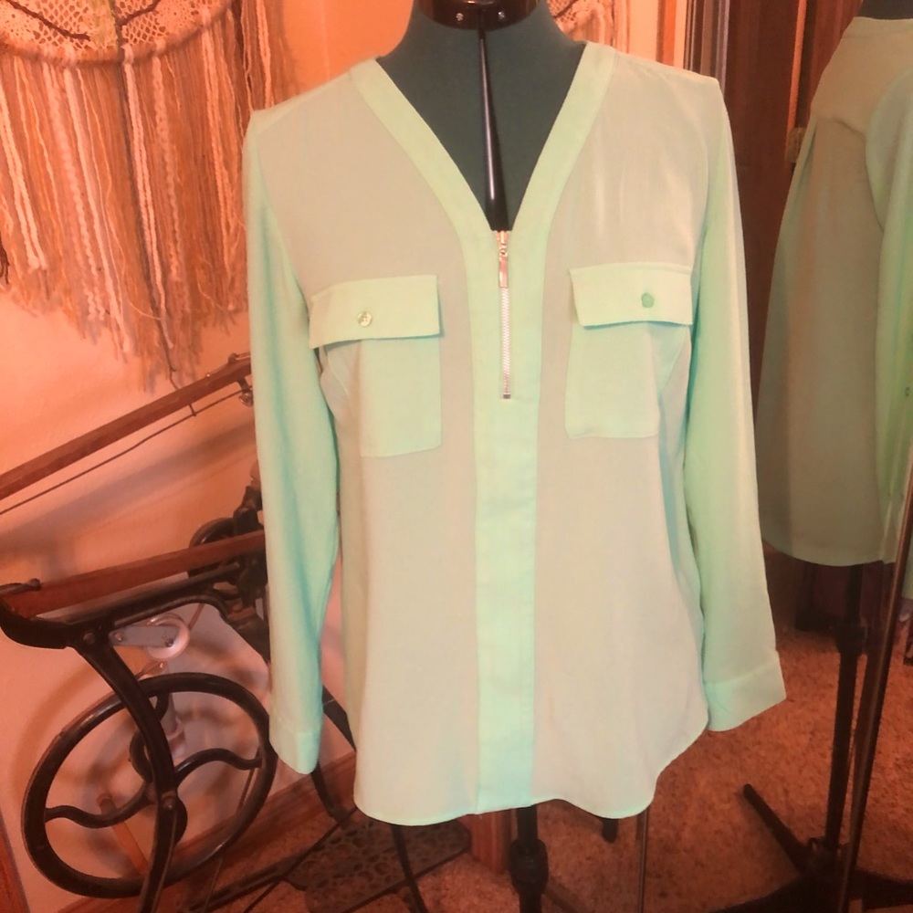 Mint green blouse with zip front